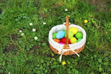 Easter celebration. Painted eggs in wicker basket on green grass