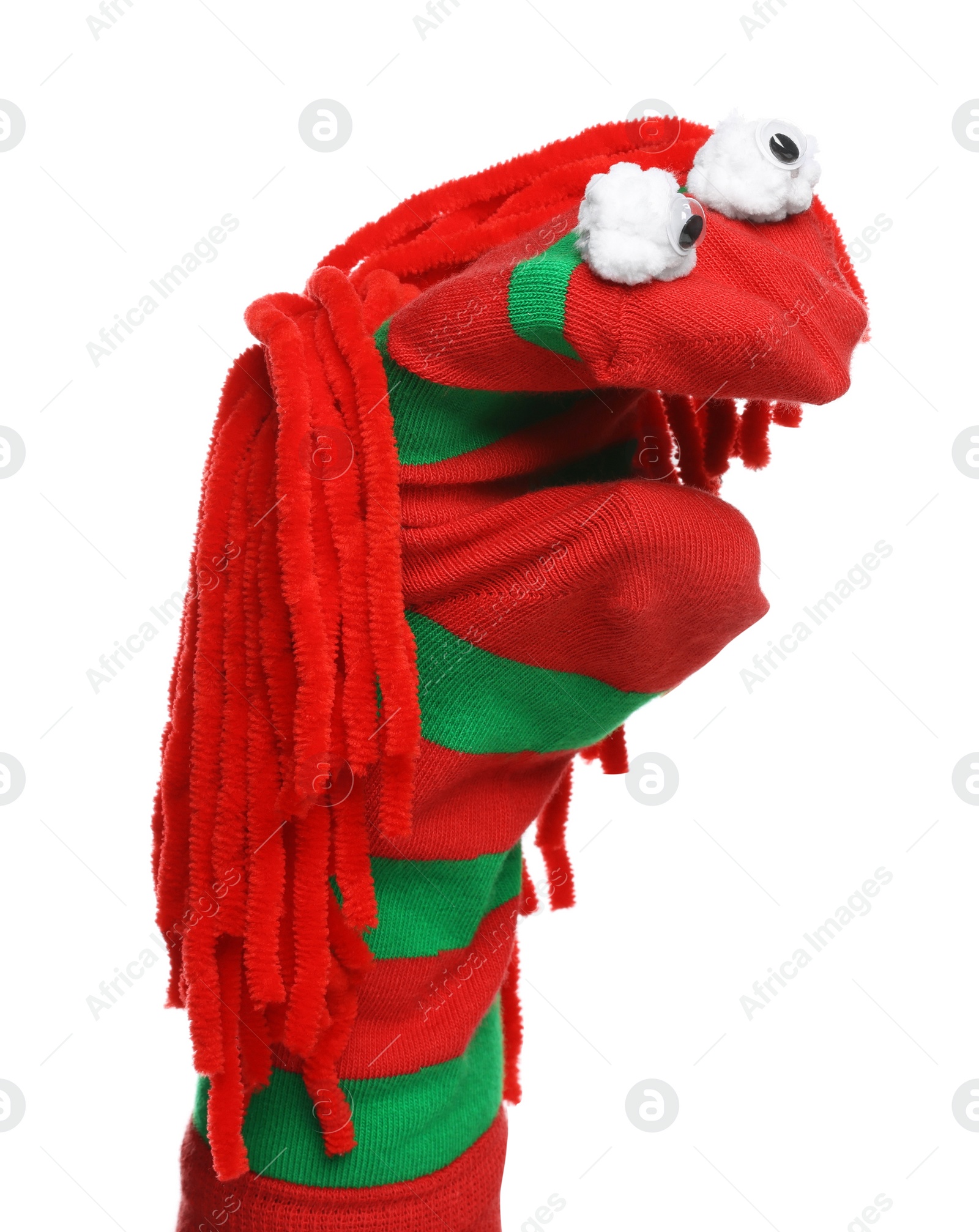 Photo of Funny sock puppet with hair isolated on white