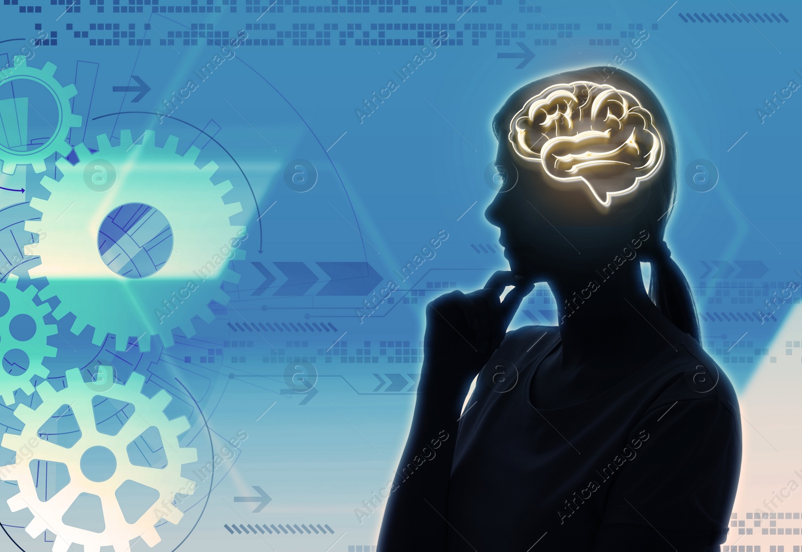 Image of Memory. Silhouette of woman with illustration of brain against blue background