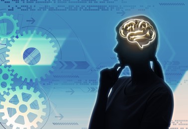 Image of Memory. Silhouette of woman with illustration of brain against blue background