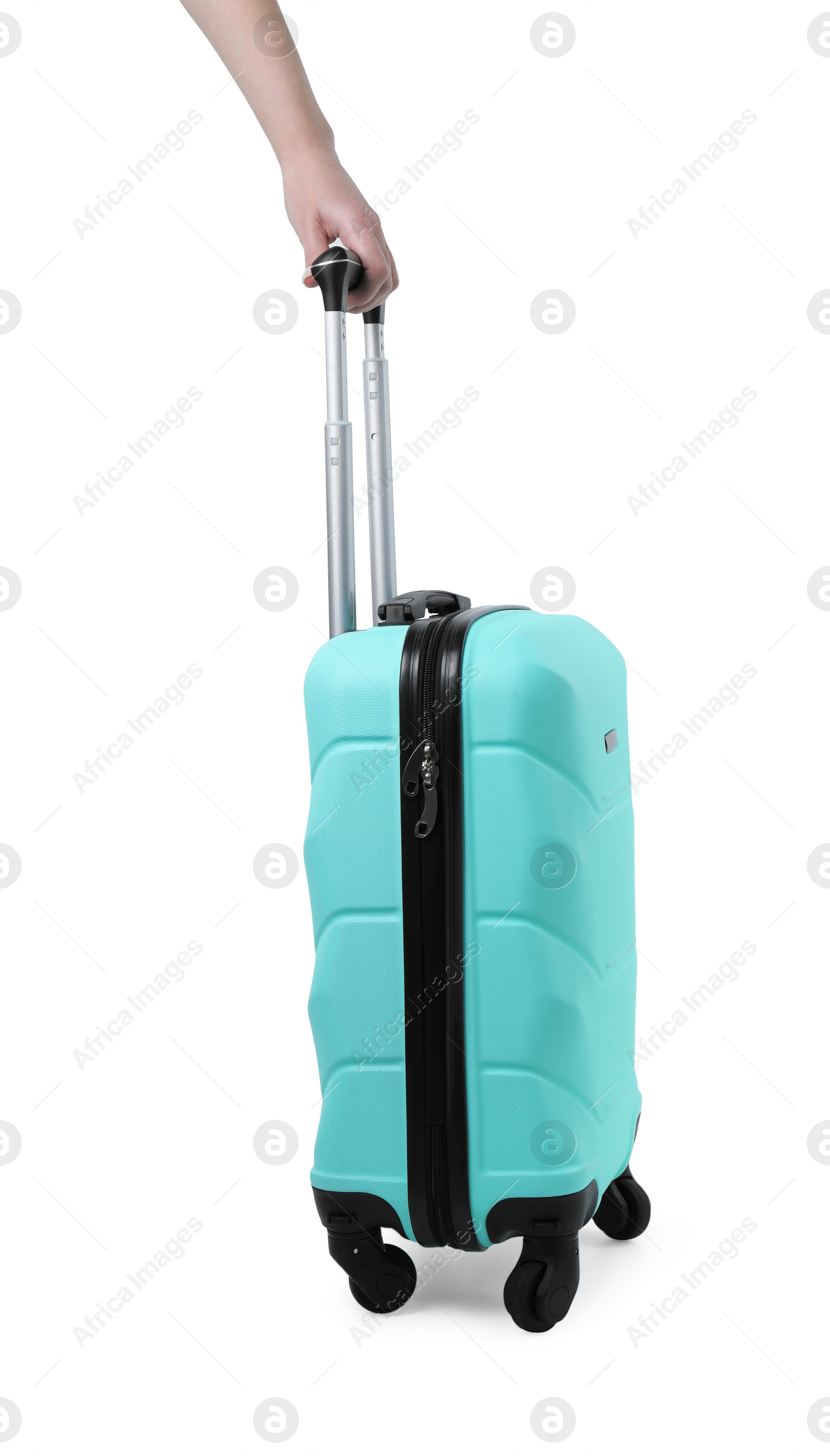 Photo of Woman with turquoise suitcase on white background, closeup