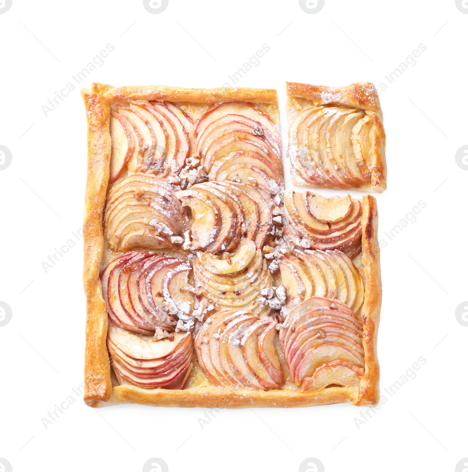 Photo of Freshly baked apple pie with nuts and powdered sugar isolated on white, top view