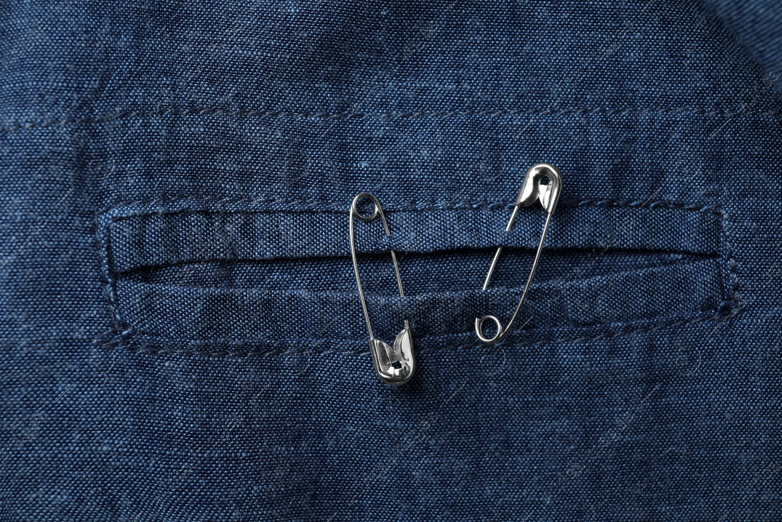 Photo of Top view of metal safety pins on clothing