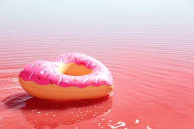 Inflatable ring floating in pink lake on sunny day
