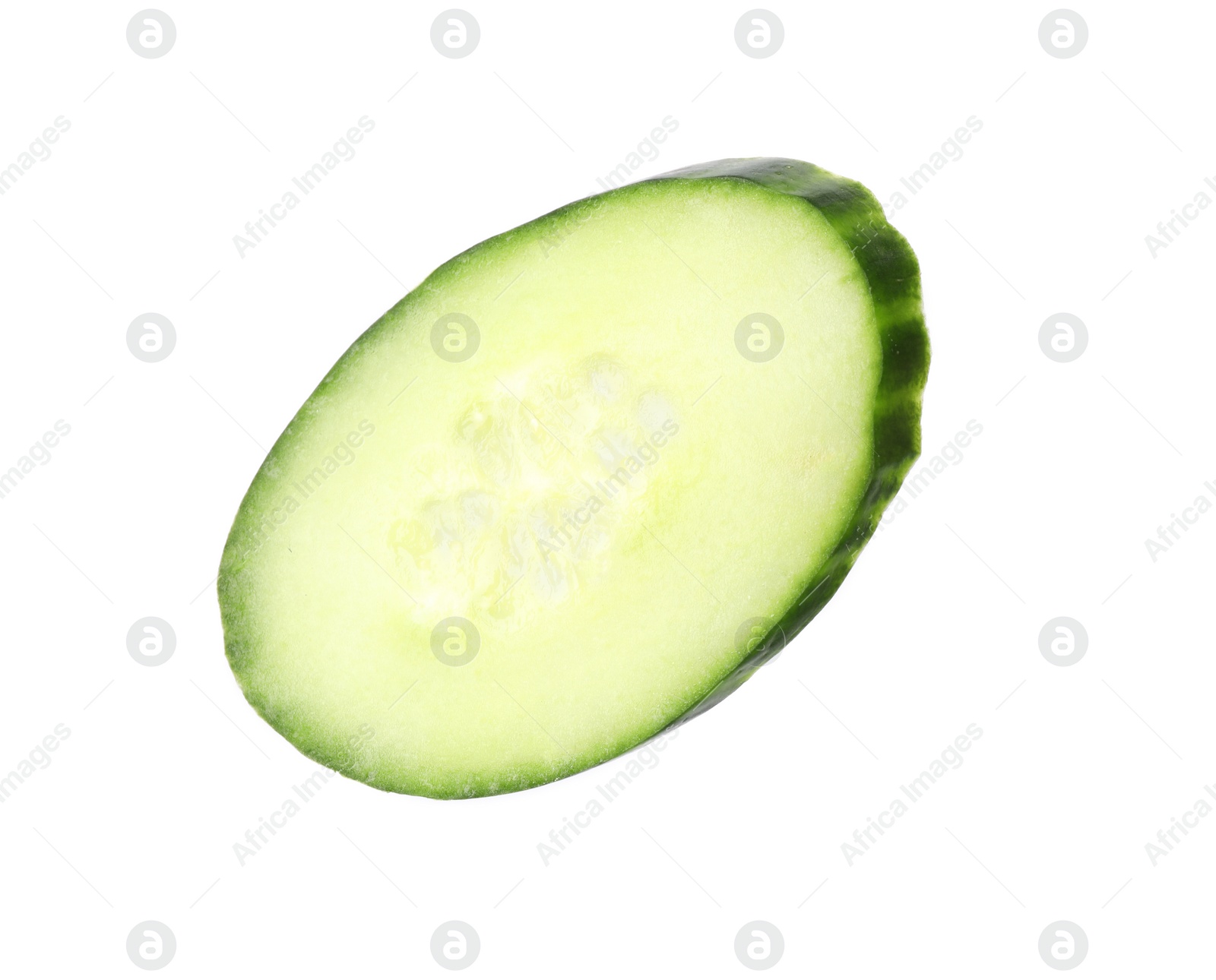 Photo of Cut fresh green cucumber on white background