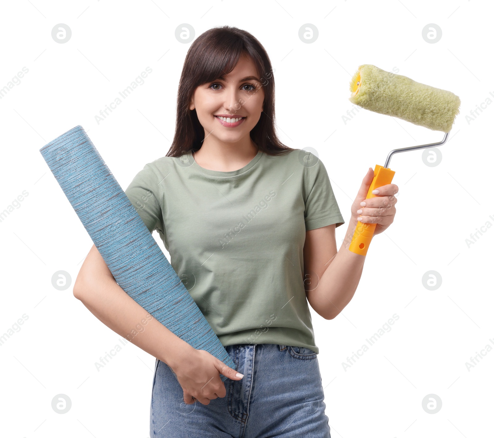 Photo of Beautiful woman with wallpaper roll and brush on white background