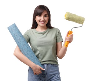 Beautiful woman with wallpaper roll and brush on white background