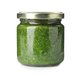 Photo of Homemade basil pesto sauce in glass jar on white background