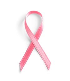 Pink ribbon on white background, top view. Cancer awareness