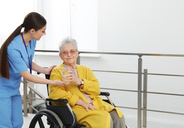 Photo of Nurse giving water to senior woman in wheelchair at hospital. Medical assisting