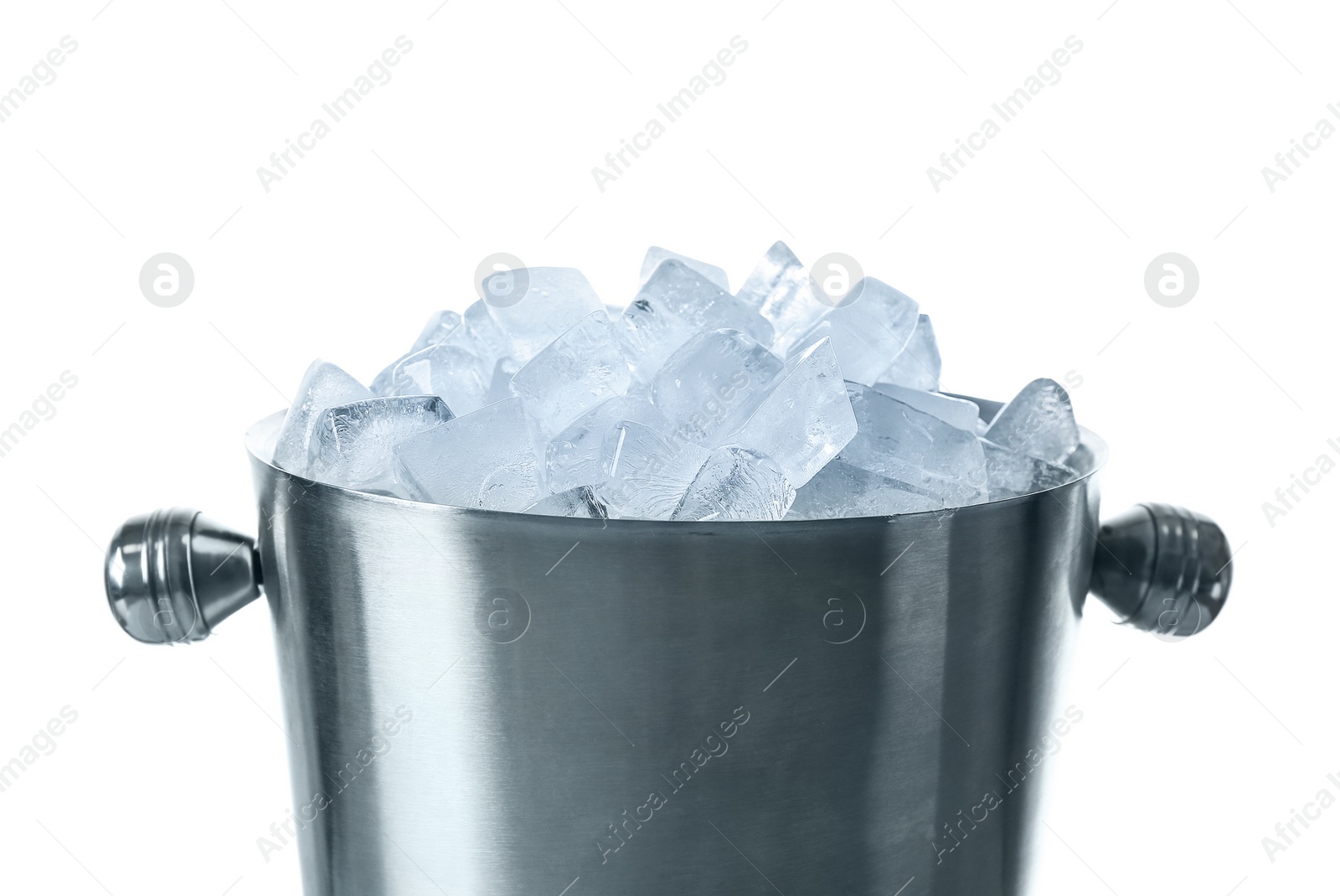 Photo of Ice cubes in bucket isolated on white