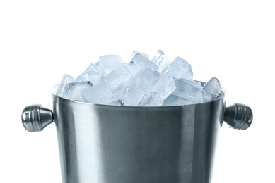 Photo of Ice cubes in bucket isolated on white