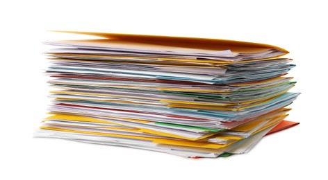 Photo of Stack of different files with documents on white background