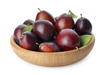Photo of Bowl of delicious ripe plums on white background