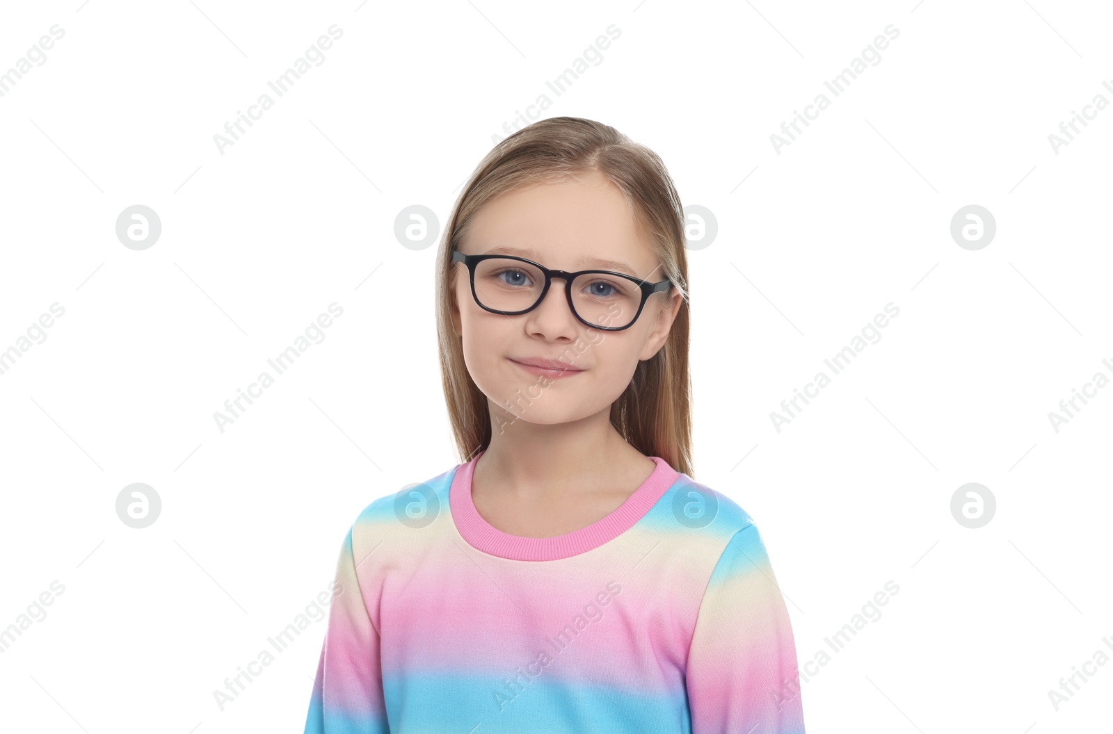 Photo of Portrait of cute girl in glasses on white background