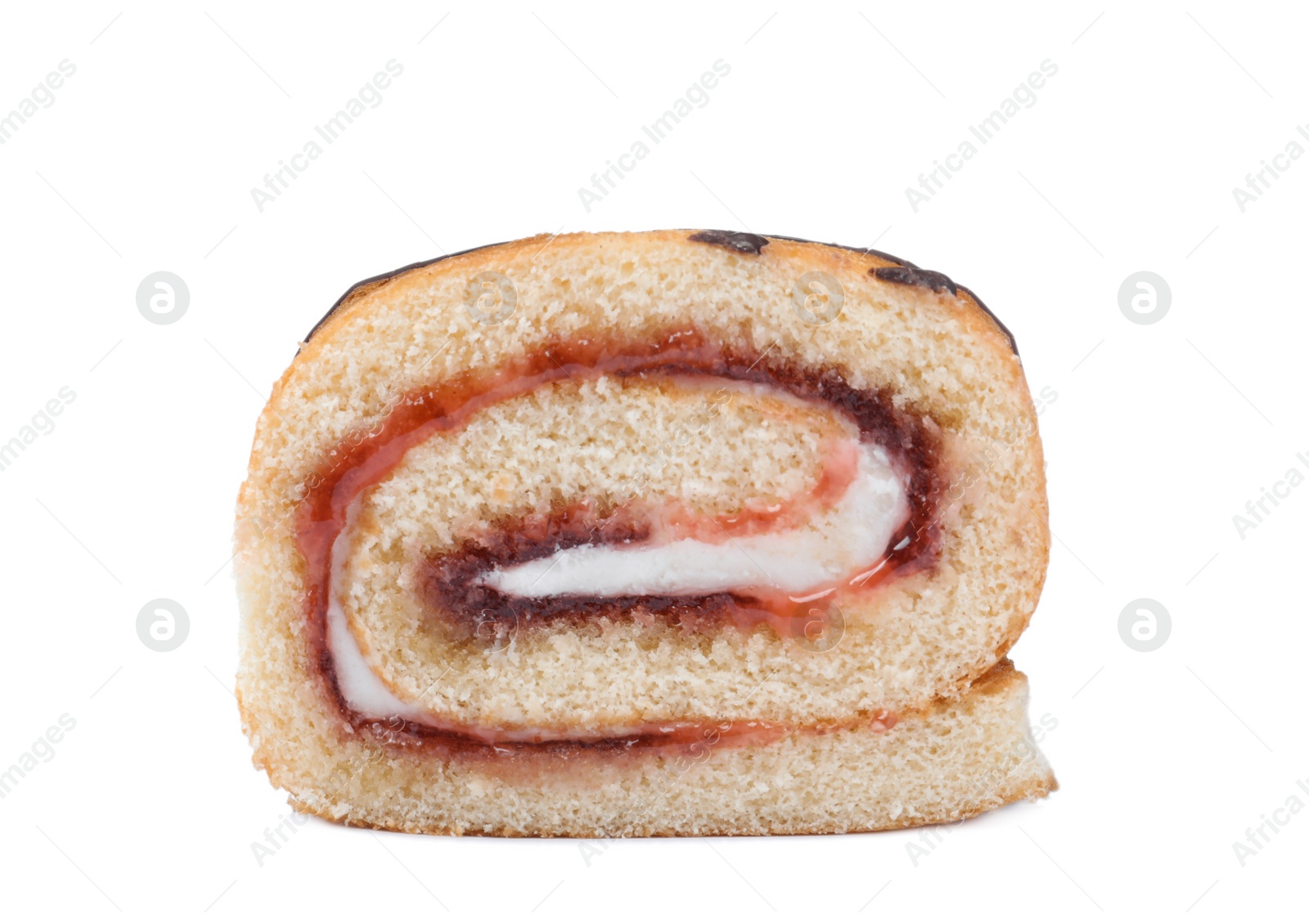 Photo of Tasty cake roll with cream and jam isolated on white