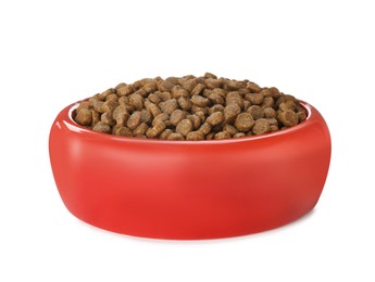 Photo of Dry food in red pet bowl isolated on white