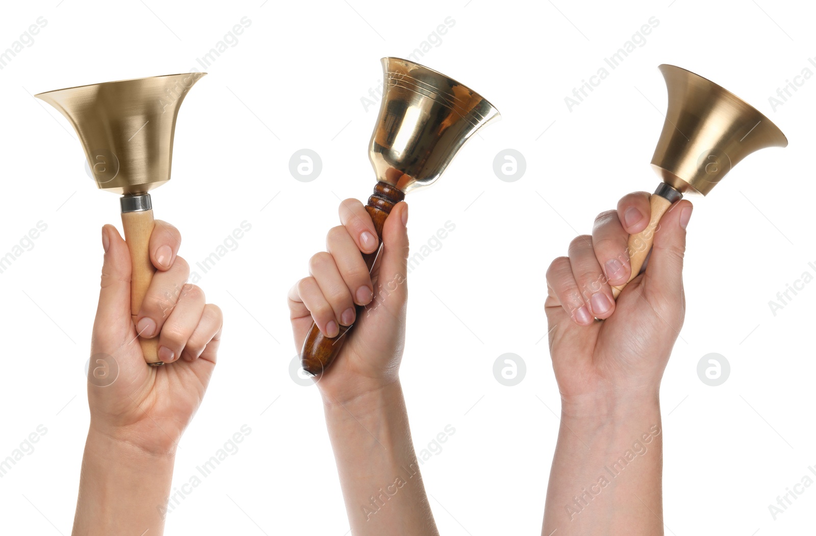 Image of Collage with photos of women with school bells on white background, closeup