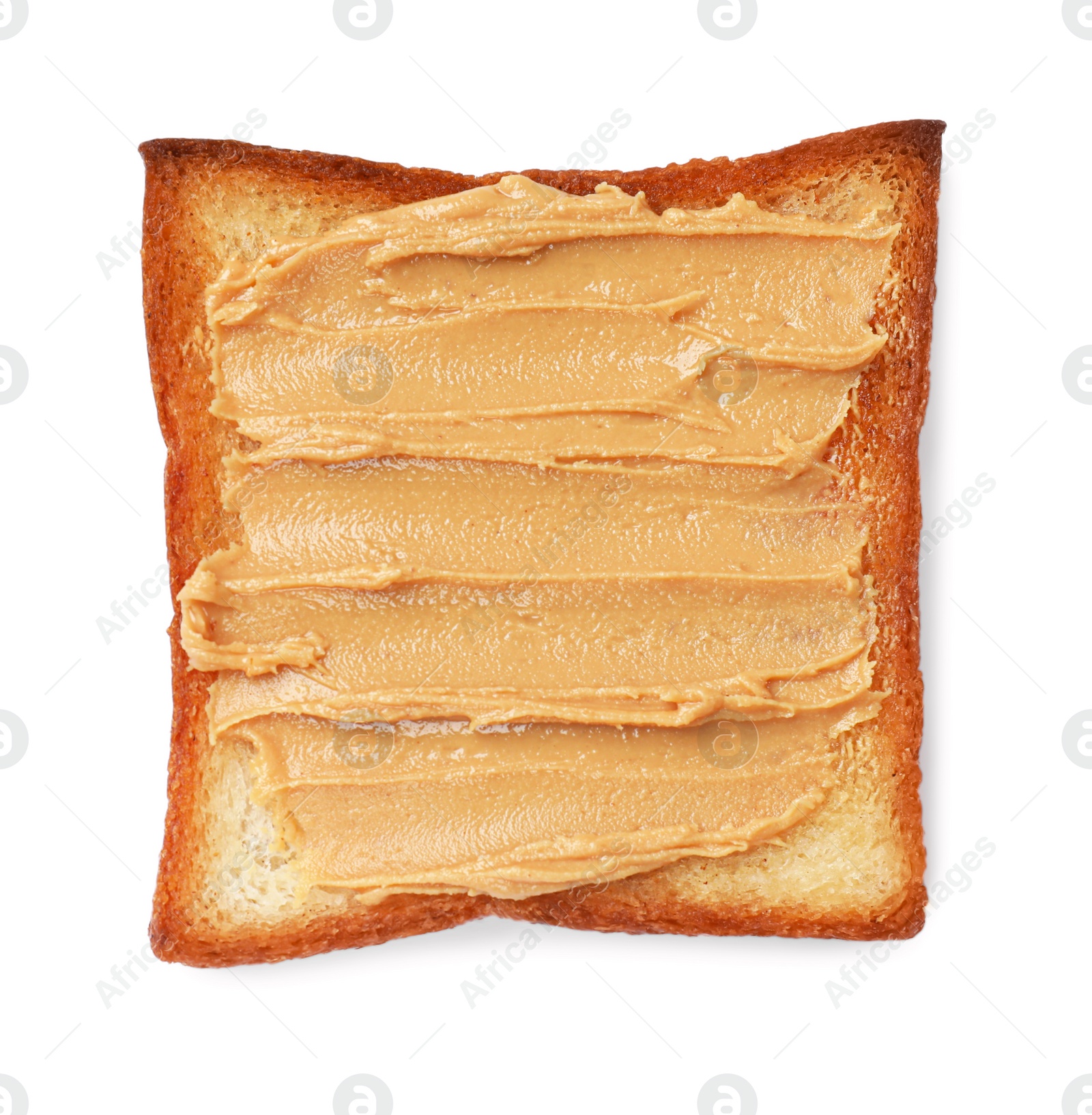 Photo of Piece of toasted bread with peanut butter isolated on white, top view