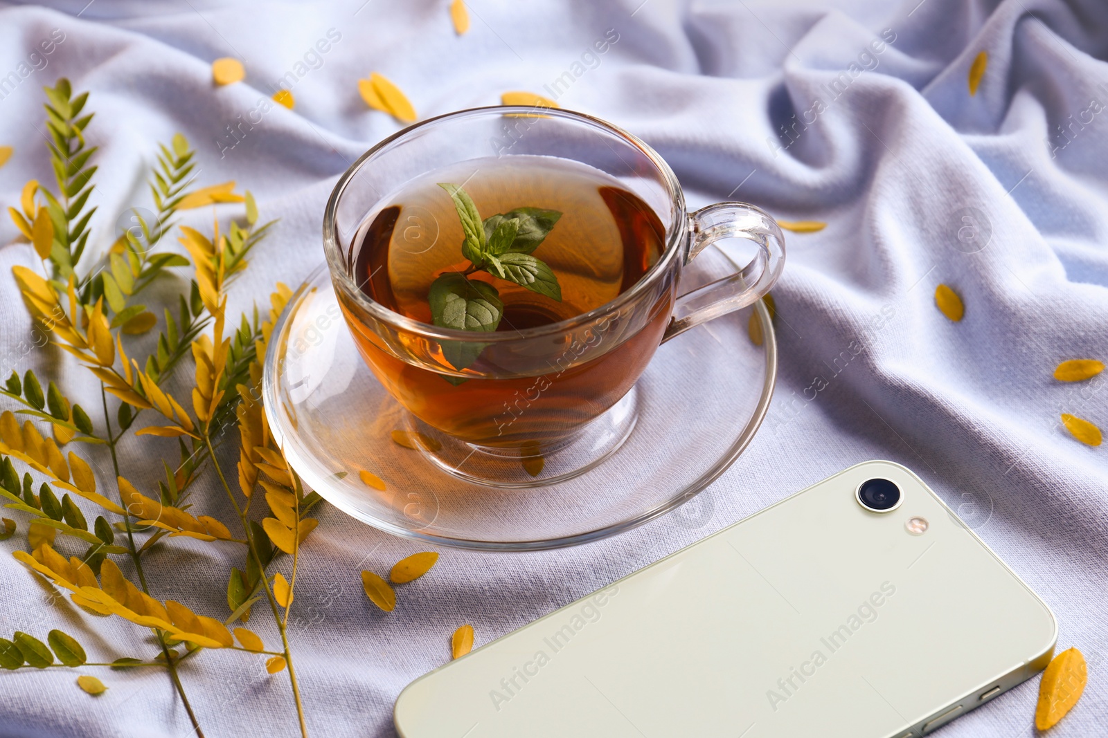 Photo of Cup of aromatic herb tea, smartphone and dry autumn leaves on white cloth