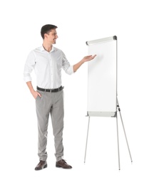 Photo of Business trainer giving presentation on flip chart board against white background