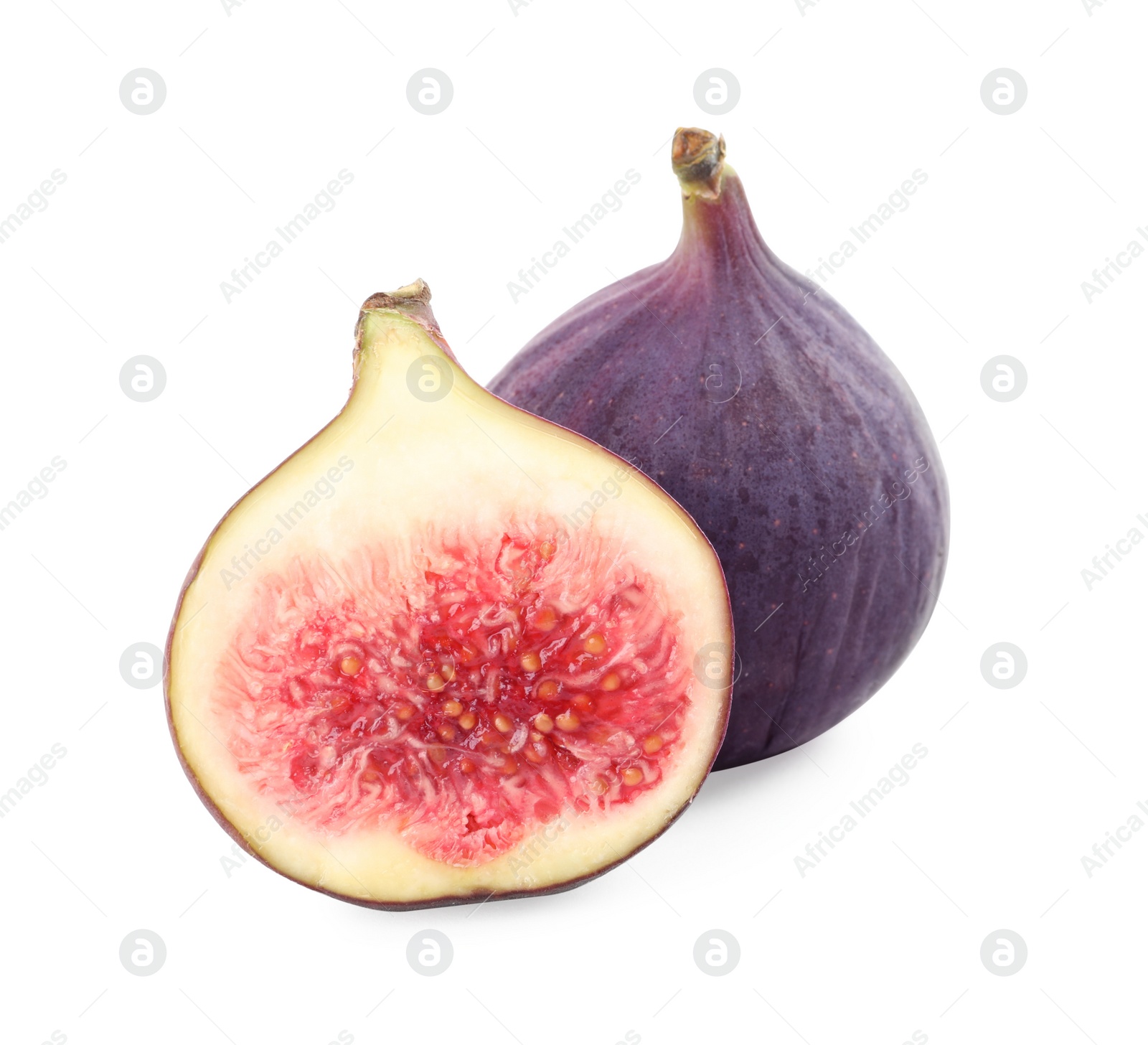 Photo of Whole and cut tasty fresh figs isolated on white