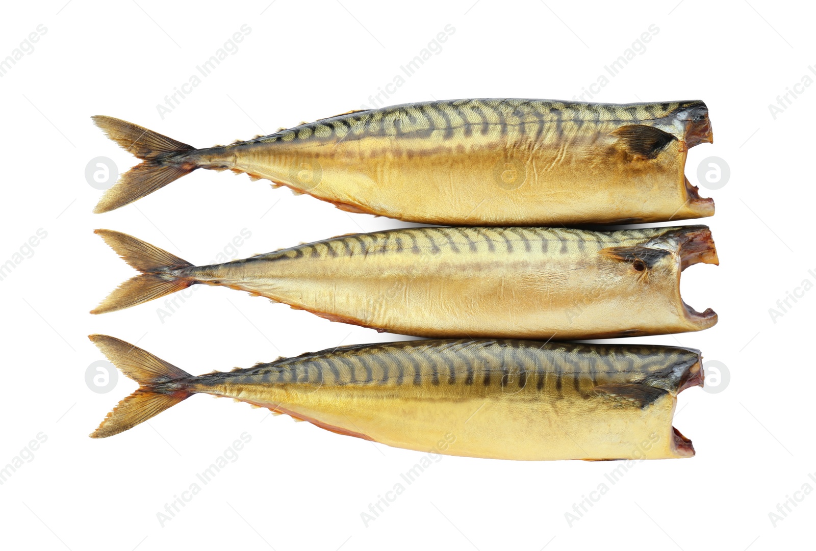 Photo of Delicious smoked mackerels isolated on white, top view