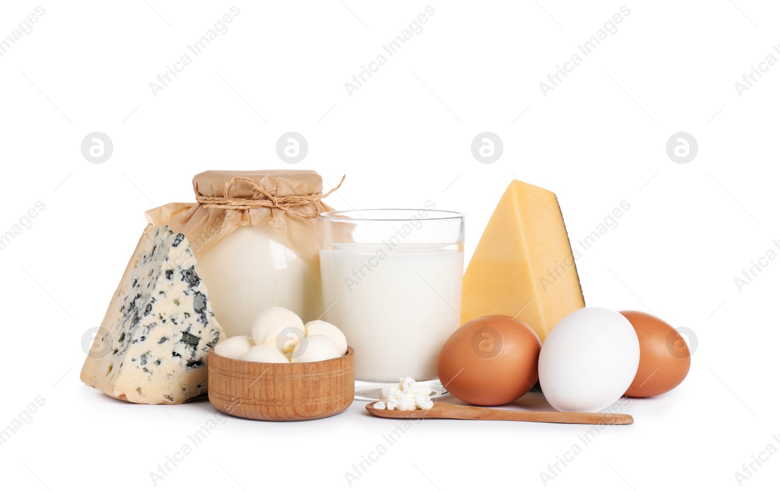 Photo of Set of different dairy products isolated on white