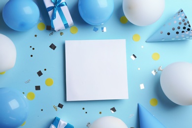 Photo of Flat lay composition with party accessories and space for text on color background