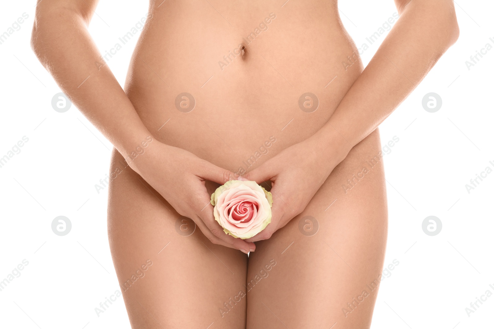 Photo of Woman with rose showing smooth skin on white background, closeup. Brazilian bikini epilation