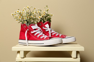 Beautiful tender chamomile flowers in red gumshoes on wooden table
