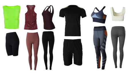 Image of Collection of stylish sportswear on white background. Banner design