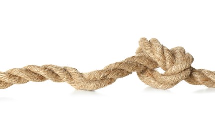 Hemp rope with knot on white background