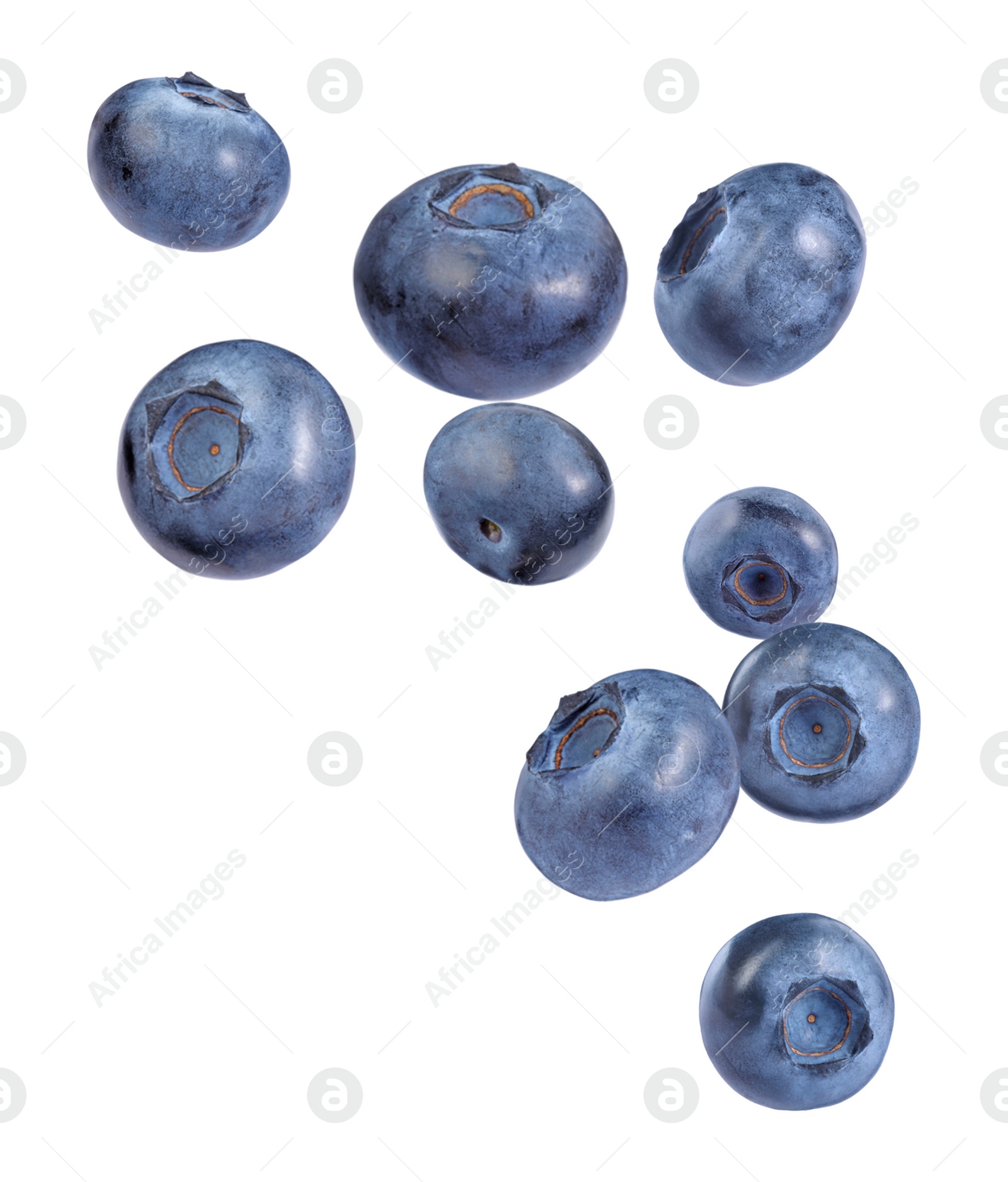 Image of Fresh ripe bilberries flying on white background