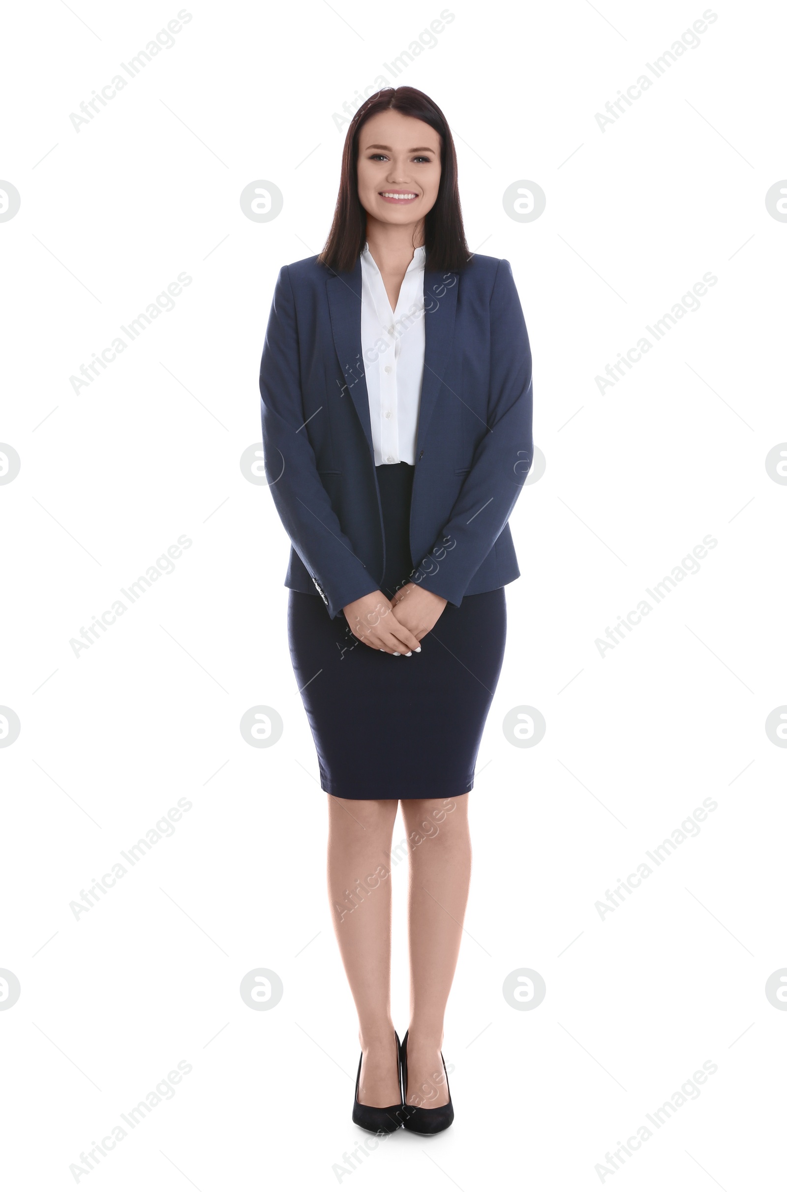 Photo of Full length portrait of young housekeeping manager on white background