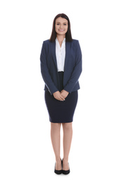 Full length portrait of young housekeeping manager on white background