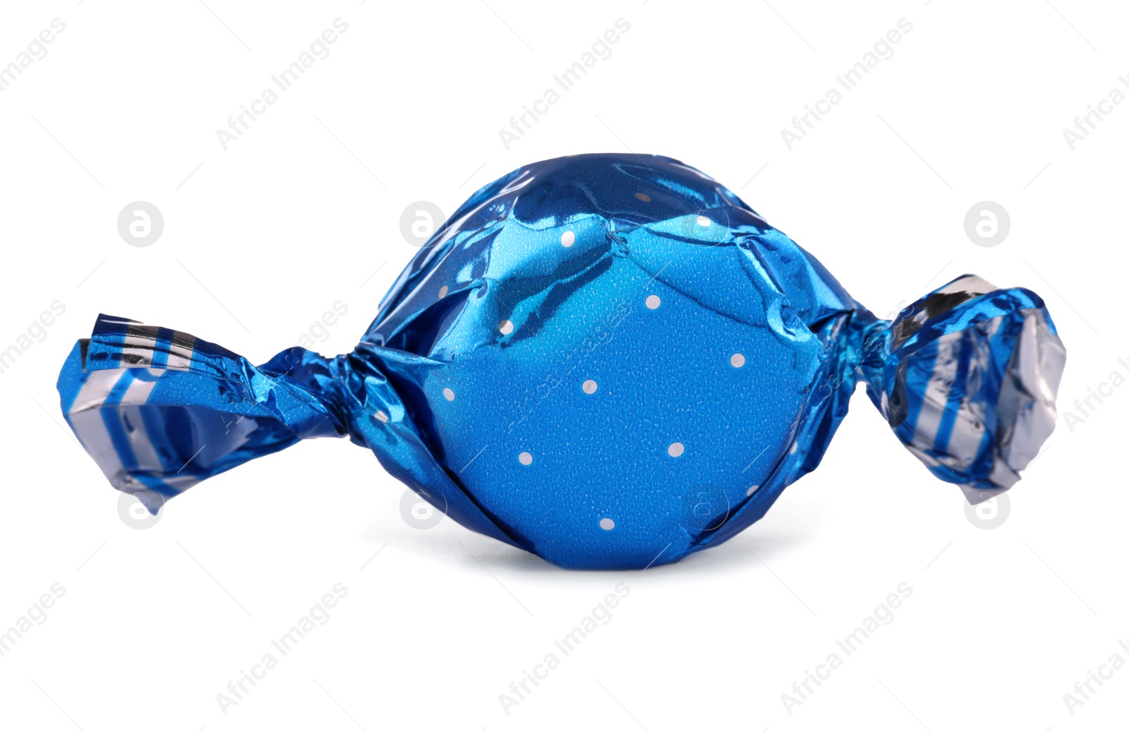 Photo of Candy in light blue wrapper isolated on white