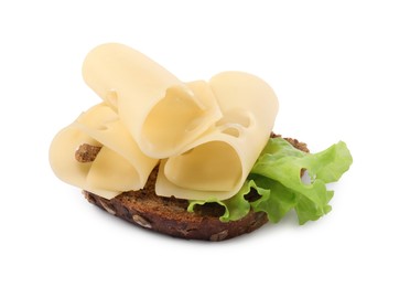 Photo of Tasty sandwich with slices of fresh cheese and lettuce isolated on white