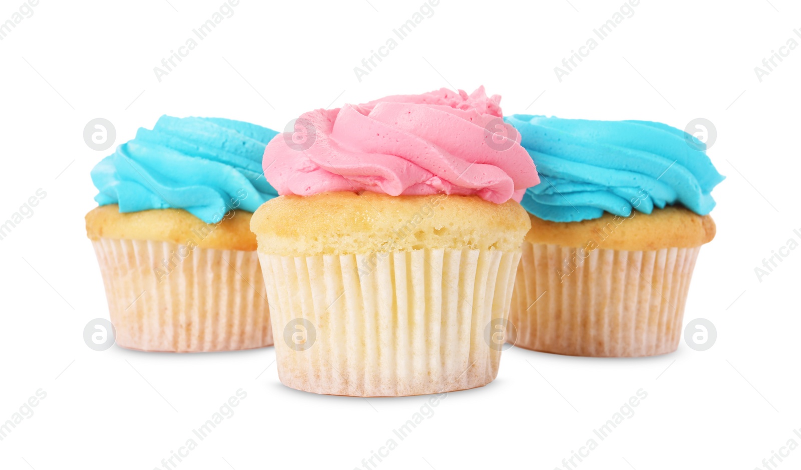 Photo of Delicious cupcakes with bright cream isolated on white