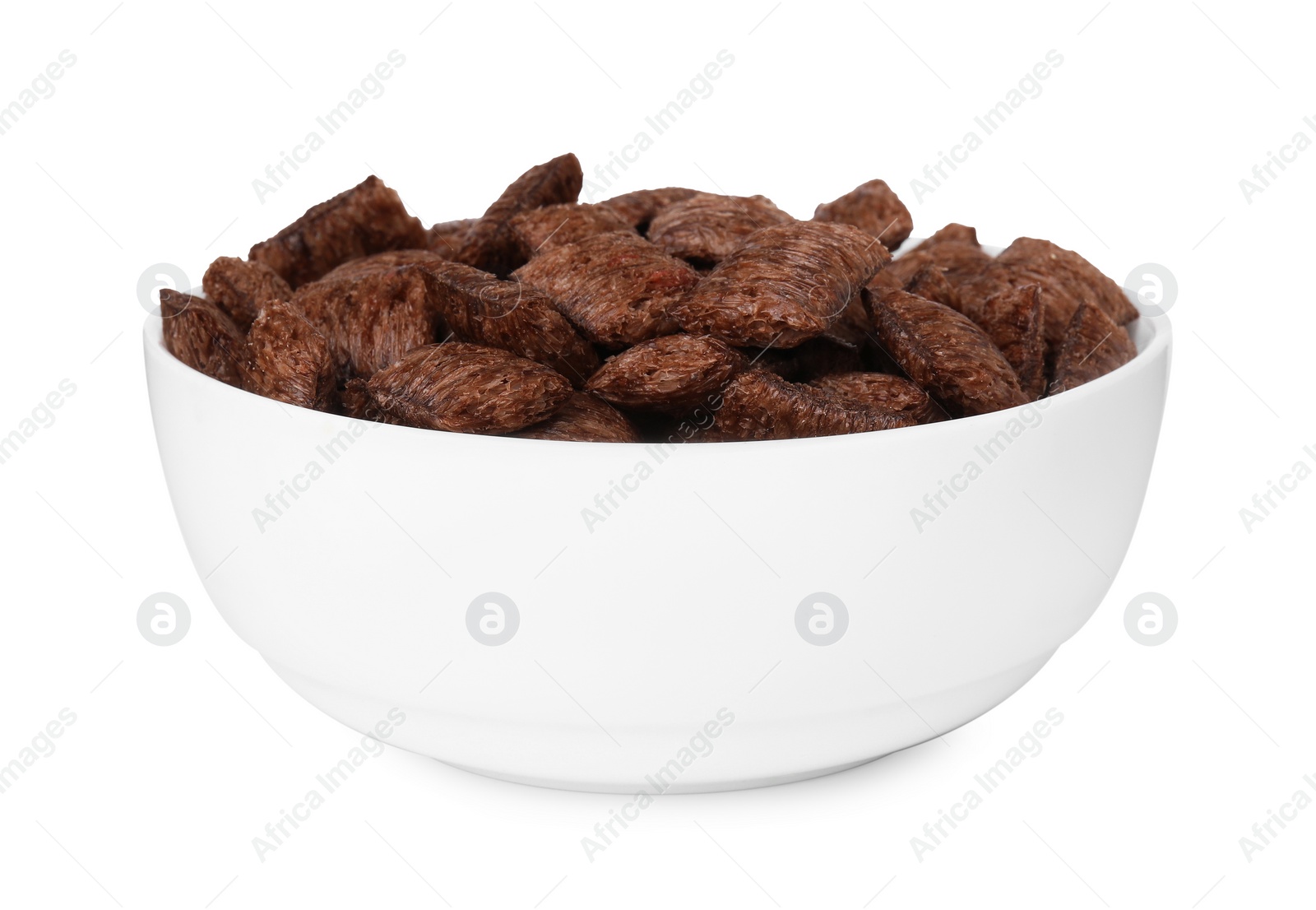 Photo of Chocolate cereal pads in bowl isolated on white