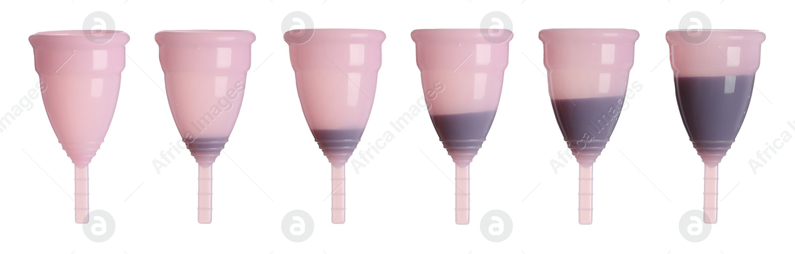 Image of Pink menstrual cups on white background, collage. Banner design