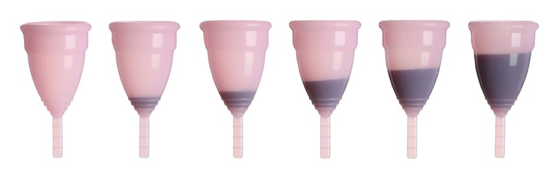 Image of Pink menstrual cups on white background, collage. Banner design