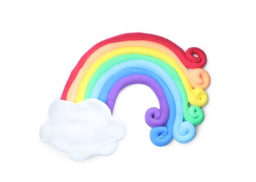 Rainbow and cloud made from play dough on white background, top view