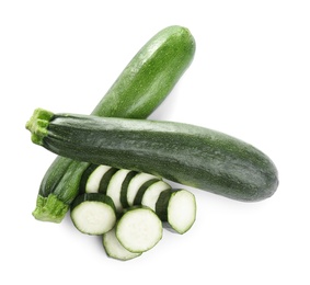 Fresh ripe green zucchinis isolated on white, top view