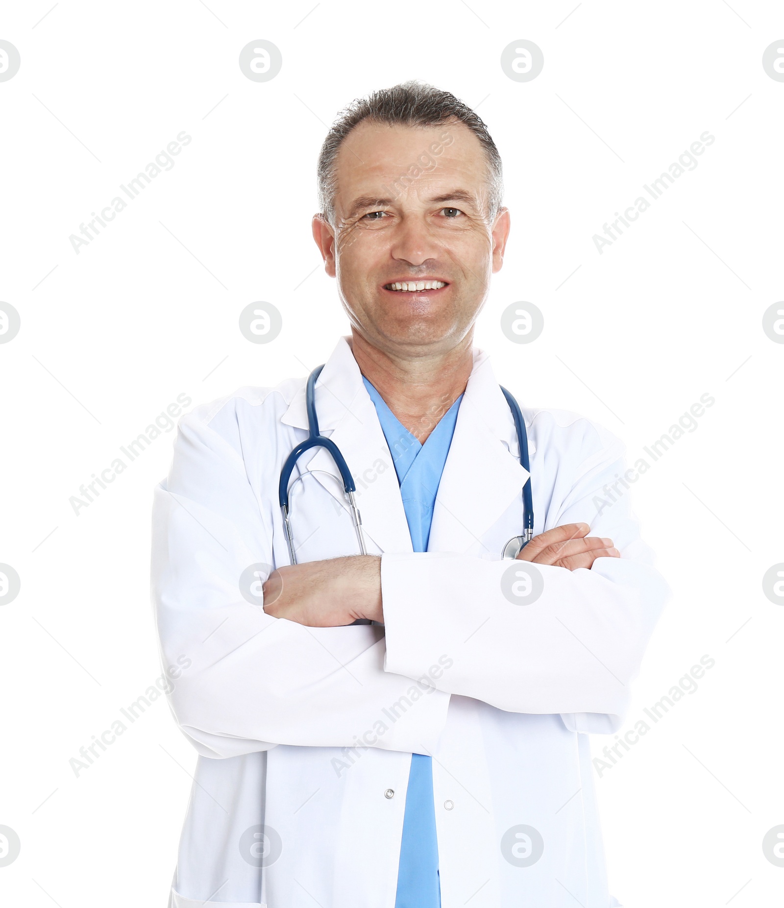 Photo of Portrait of experienced doctor in uniform on white background. Medical service