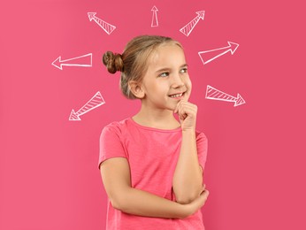 Image of Choice in profession or other areas of life, concept. Making decision, cute little girl surrounded by drawn arrows on pink background