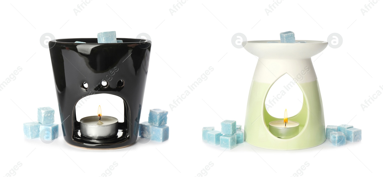 Image of Different stylish aroma lamps with essential wax cubes on white background, collage. Banner design