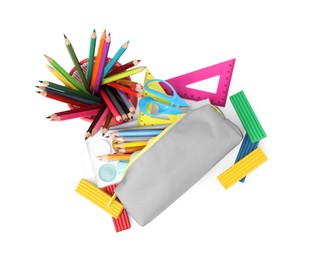 Photo of Many different school stationery isolated on white, top view