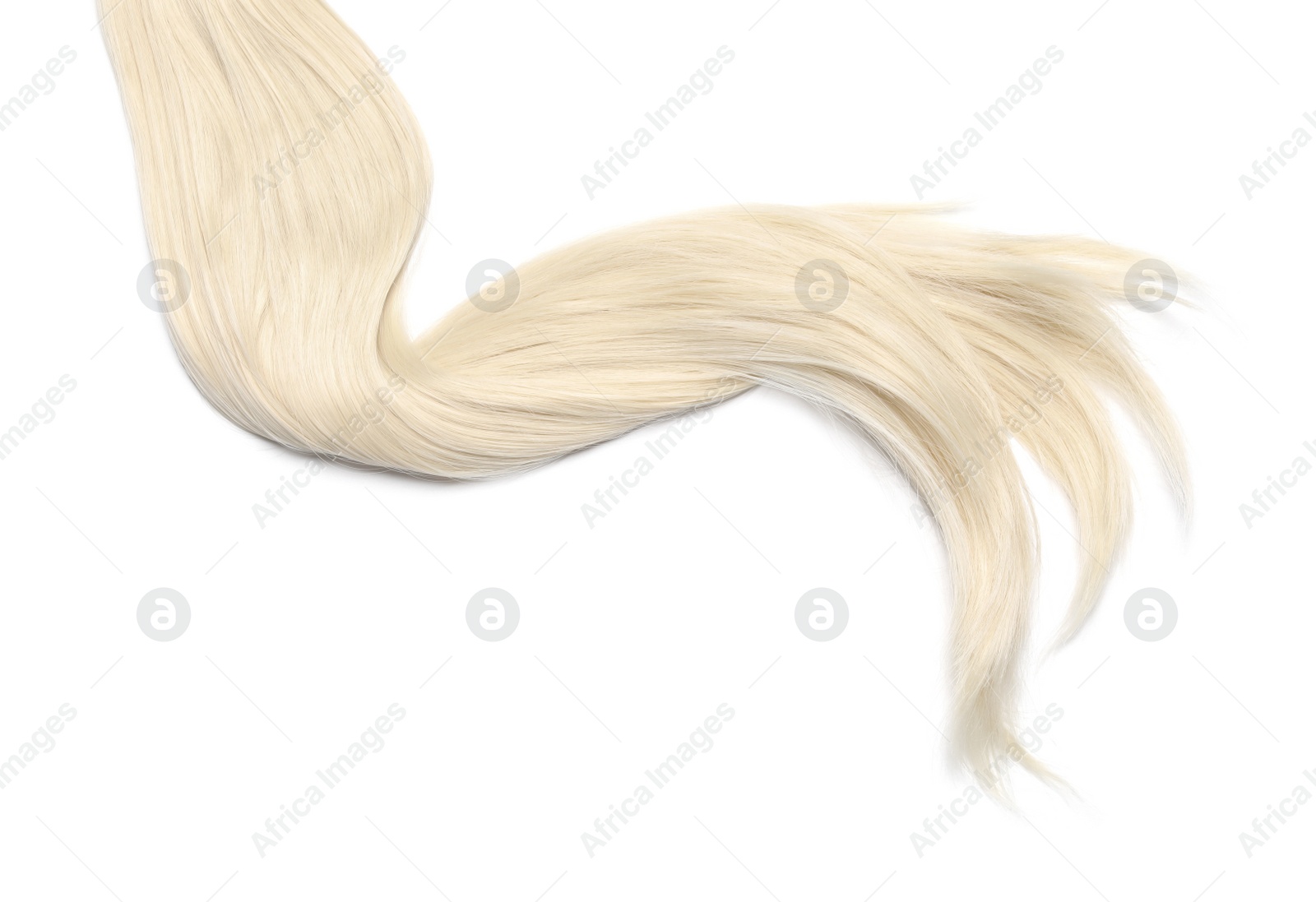 Photo of Lock of beautiful blonde straight hair isolated on white, top view