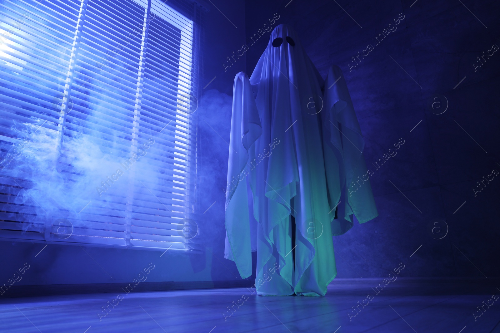 Photo of Creepy ghost. Woman covered with sheet near window in blue light, low angle view